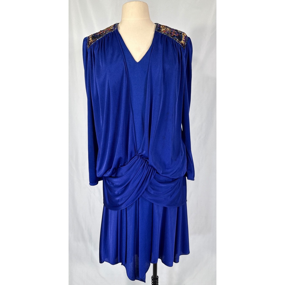 Abby Kent Vintage 80s Royal Blue Sequin Dropped Waist Draped Cocktail Dress